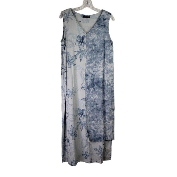 Vintage Jacque-E 100% Linen Maxi Dress Lagenlook Size Medium Blue Floral Resort - Picture 2 of 11